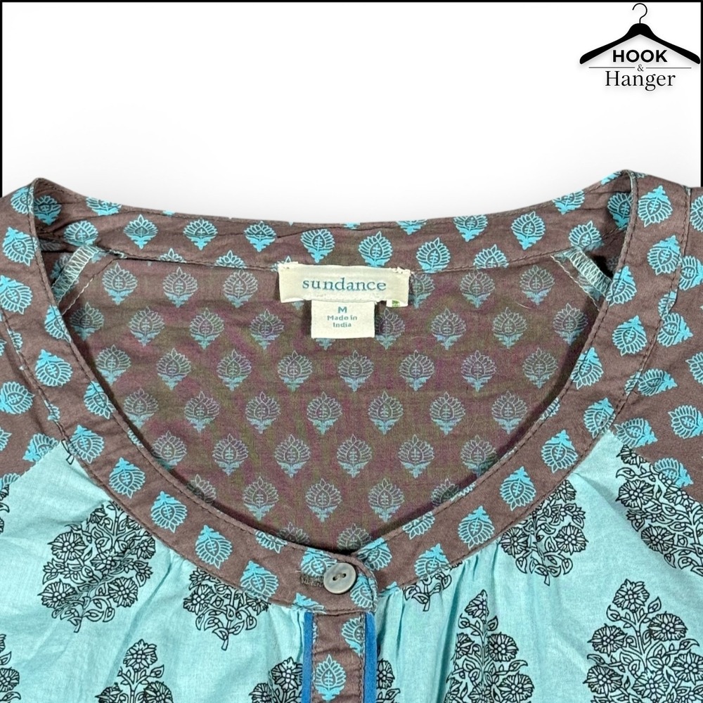 Sundance Stories To Be Told Boho Mixed Print Button Down Peasant Top M Blue Teal - Picture 3 of 8